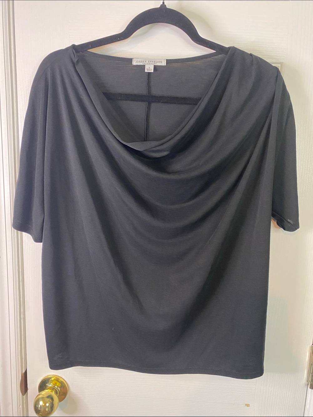 Green Envelopes Little Black Cowl Neck Short Sleeve Top Size Large.